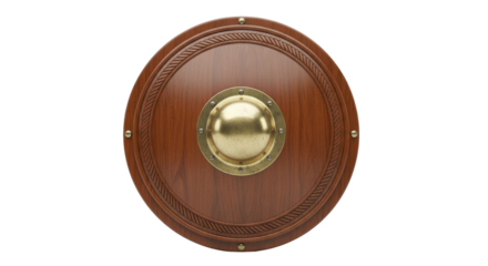 Isolated Wooden Shield, a Protective Defense Tool, with Brass Studs and Center Boss