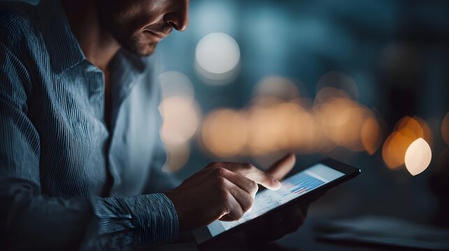 A man uses a tablet to analyze data with blurred city lights in the background at night - Powered by Adobe