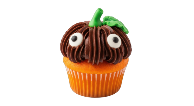 Halloween pumpkin cupcake with chocolate frosting on transparent background