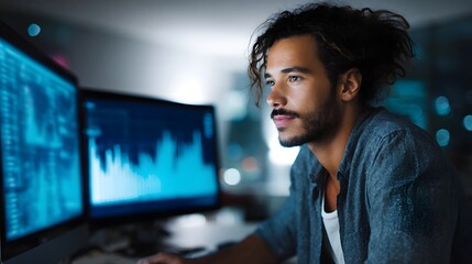A focused man works late at night analyzing complex data on multiple computer screens in a dimly lit tech office