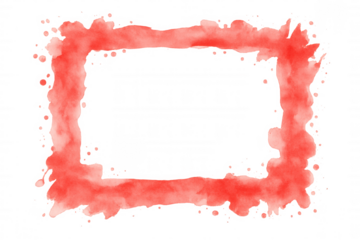 Red watercolor splash frame abstract border with paint drops, artistic liquid texture, and brush stroke effect on transparent background