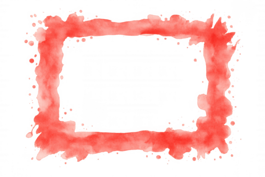 Red watercolor splash frame abstract border with paint drops, artistic liquid texture, and brush stroke effect on transparent background