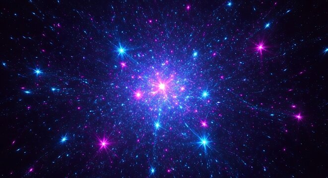 A mesmerizing cosmic scene featuring a dense cluster of stars and nebulous clouds, radiating a brilliant blue and purple light, creating a sense of vastness and wonder