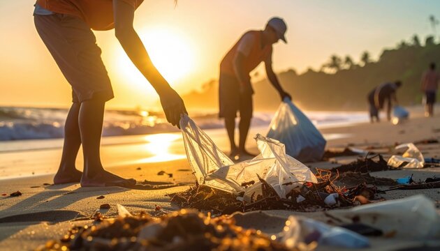 Volunteers cleaning up litter on a beach at sunset, promoting environmental awareness and community action