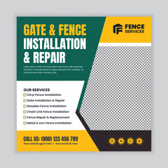 Obraz premium Residential and commercial fence repair and installation services, social media post or web banner design template for outdoor fencing, security fencing, and property boundary solutions
