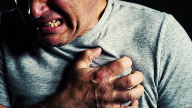 Close-up image of a man clutching his chest in pain, highlighting the concept of heart attack or chest pain. The red glow on his chest symbolizes pain or heart-related health problems such as angina, 