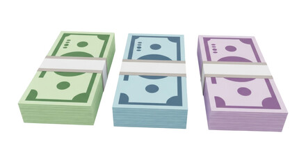 Isolated piles of abstract multicolored money stacks, symbolizing wealth, cash and income
