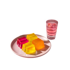 Vibrant jewel-toned jelly cubes and refreshing pink drink create a delightful dessert scene perfect for summer celebrations and sweet treats.