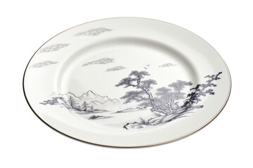 Decorative plate features a serene landscape painting