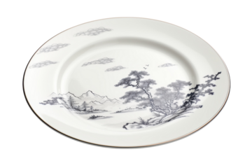 Decorative plate features a serene landscape painting