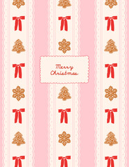 Cute Christmas greeting card with gingerbread cookie in the shape of Christmas tree, snowflakes and red bow on pink background. Minimalist holiday poster, invitation, cover, banner. © Svitla
