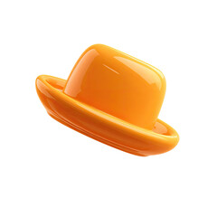 Shiny, orange, cartoon-style fedora hat, slightly tilted, with smooth, glossy surface and rounded edges