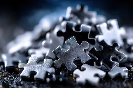 Searching for the right piece among black and white jigsaw puzzle pieces in a dramatic setting