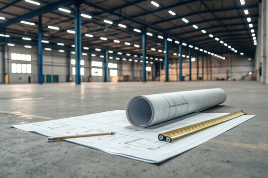 Architectural plans and a rolled blueprint resting on the floor of a spacious, empty warehouse