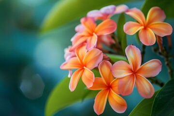 Fototapeta premium Orange and pink plumeria flowers blooming on a tree in a tropical garden with green leaves and blurred background