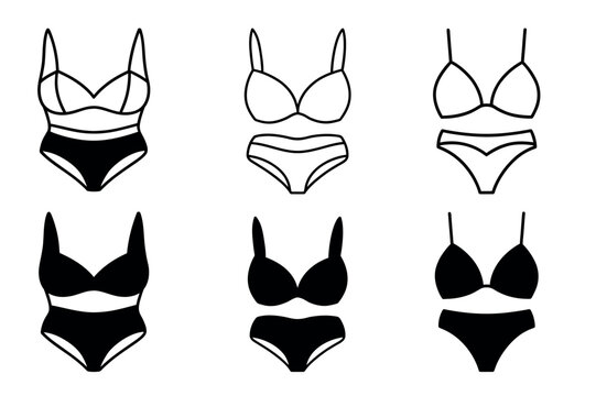 Collection of six sketched lingerie sets featuring bras and briefs in various styles and colors