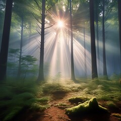 Ethereal Forest Sunbeams Filtering Through the Enchanted Woods with Firefly Landscape