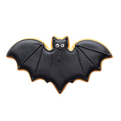 A Halloween bat-shaped cookie decorated with white icing, isolated on a transparent background; PNG 