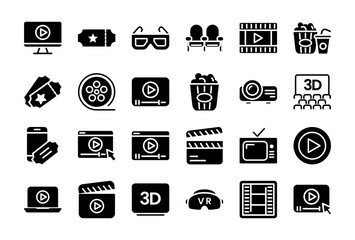Cinema Set of Web Icons Movie and Film Icon Collection Containing Video Movie Theater 3D VR Popcorn Ticket Director Soundtrack and More