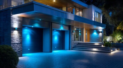 Fototapeta premium Modern home illuminated with blue lights at night, showcasing elegant architecture and spacious driveway, surrounded by greenery