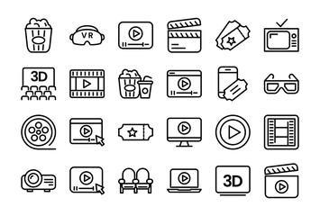 Cinema Set of Web Icons Movie and Film Icon Collection Containing Video Movie Theater 3D VR Popcorn Ticket Director Soundtrack and More