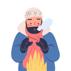 Freezing Man Character Wearing Warm Clothes Trembling Feeling Cold Vector Illustration
