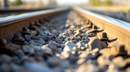 Railway tracks stretch towards the horizon, secured by bolts and resting on a bed of ballast stones, conveying a sense of travel and industrial infrastructure.