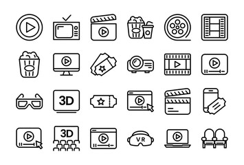 Cinema Set of Web Icons Movie and Film Icon Collection Containing Video Movie Theater 3D VR Popcorn Ticket Director Soundtrack and More