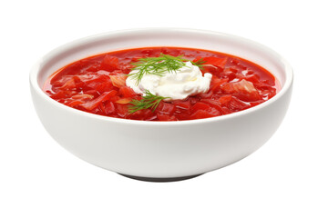 Bowl of fresh borscht topped with sour cream and dill