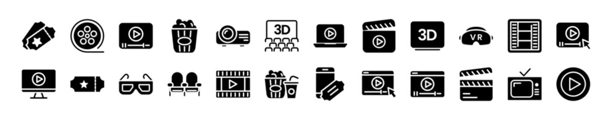 Cinema Set of Web Icons Movie and Film Icon Collection Containing Video Movie Theater 3D VR Popcorn Ticket Director Soundtrack and More