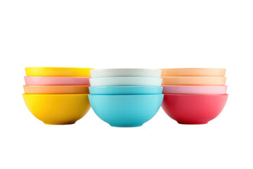 Stacked colorful bowls create a vibrant kitchen display