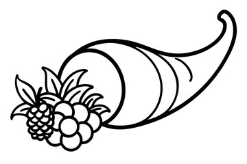 line art cornucopia horn of plenty with fruits and vegetables silhouette vector illustration