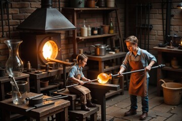 Young Glassblowers in a Traditional Workshop Creating Artistry