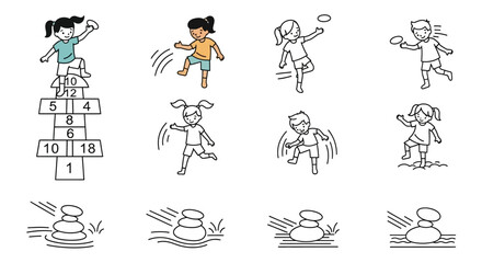 Fototapeta premium Line art illustration showing children playing hopscotch and rock stacking.