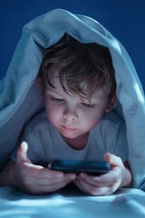 Little child lying under blanket at night, holding smartphone, playing mobile games, scrolling social media or watching cartoons. Digital addiction and excessive screen time habits among children. 