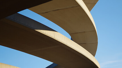 Concrete Overpass: Architectural lines of a curved concrete ramp against a bright blue sky. Strong geometric forms and neutral tones. Modern infrastructure design.