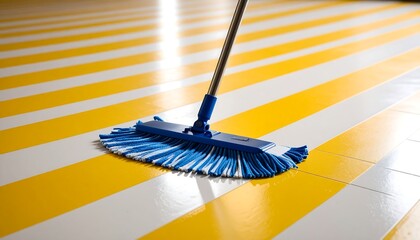 A blue and white cleaning mop resting on a yellow and white striped floor. Reflective surface suggests a newly cleaned space