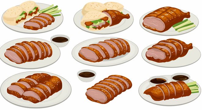 A collection of nine plates depicting various servings of roasted duck sauces and wrappers