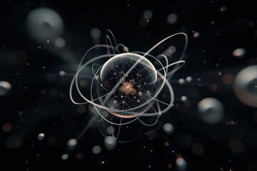Abstract atomic structure features glowing particles orbiting a nucleus against a dark background. This scientific visualization evokes a sense of mystery and futurism.