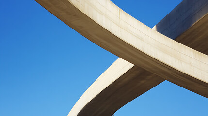 Concrete overpass crossing against a clear blue sky. Architectural shot highlighting structural design and urban infrastructure. Intersecting spans.