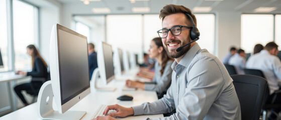Efficient office environment with smiling man using headset at computer. Colleagues work diligently in background, creating productive atmosphere