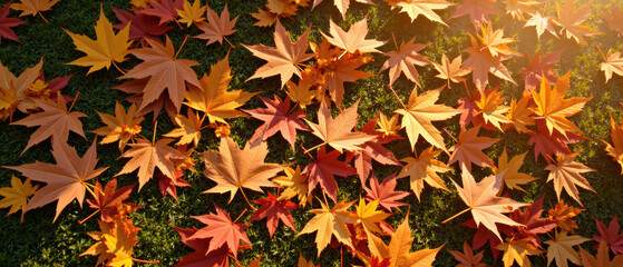 Fototapeta premium Vibrant autumn leaves scattered on green grass, showcasing shades of orange, red, and yellow, creating warm and inviting atmosphere