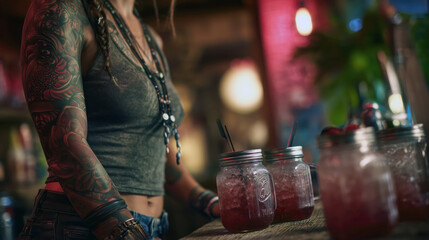 In a cozy pub setting, a tattooed female bartender with a striking dragon sleeve prepares cocktails in mason jars. The vibrant drinks glow under warm lights, enhancing the rustic atmosphere