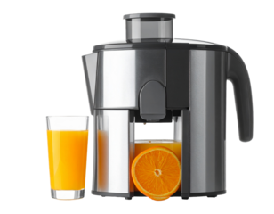 Juicer with glass of fresh juice beside it, isolated PNG