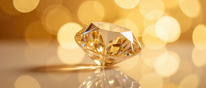 Sparkling yellow diamond rests elegantly reflective surface, surrounded by warm, golden bokeh background that enhances its brilliance and allure