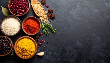 Aromatic Spices and Beans Composition on Dark Background for Culinary and Healthy Lifestyle Concepts.