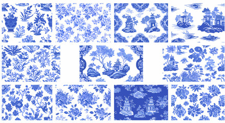 Collection of blue and white Chinoiserie style patterned textiles © Faisal