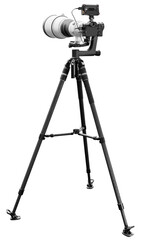 Digital camera with telephoto lens on tripod