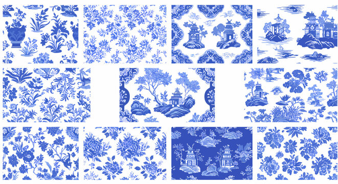 Collection of blue and white Chinoiserie style patterned textiles