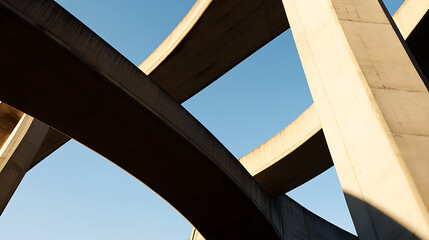 Concrete Jungle Geometry: Overlapping architectural lines under a clear sky. A modern concrete urban landscape with unique perspectives and geometric shapes.